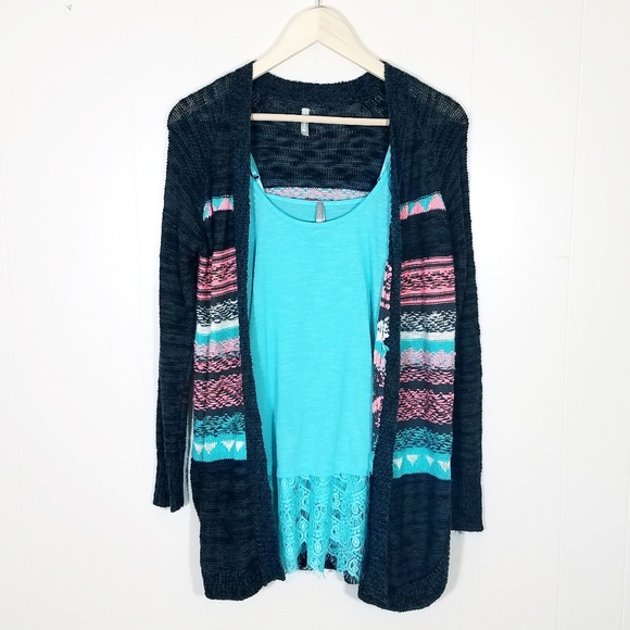 Vanity Sweaters - Vanity Striped Cozy Cardigan with Lace Cami Bundle